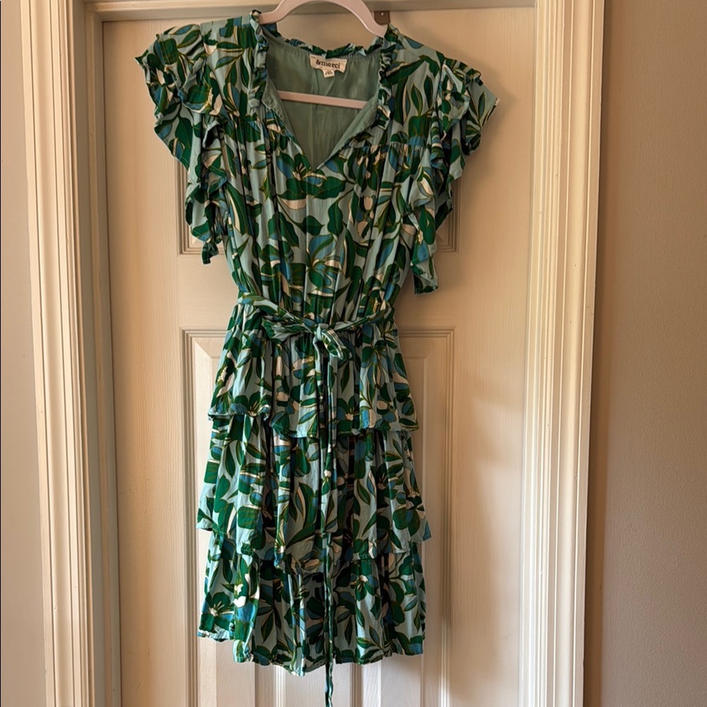 Green Leaf Print Ruffle Dress